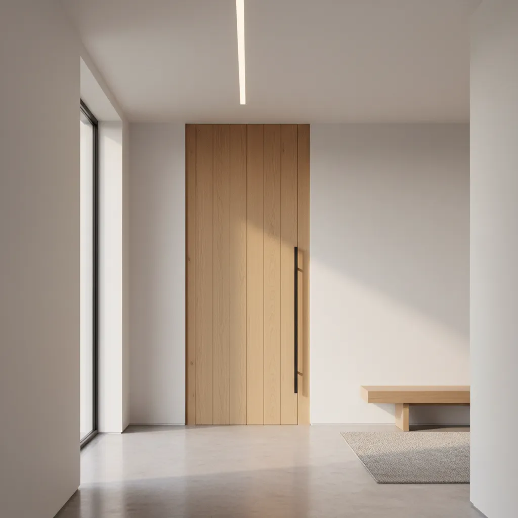 Modern tall wooden door with black handle white walls concrete floor wooden bench and rug