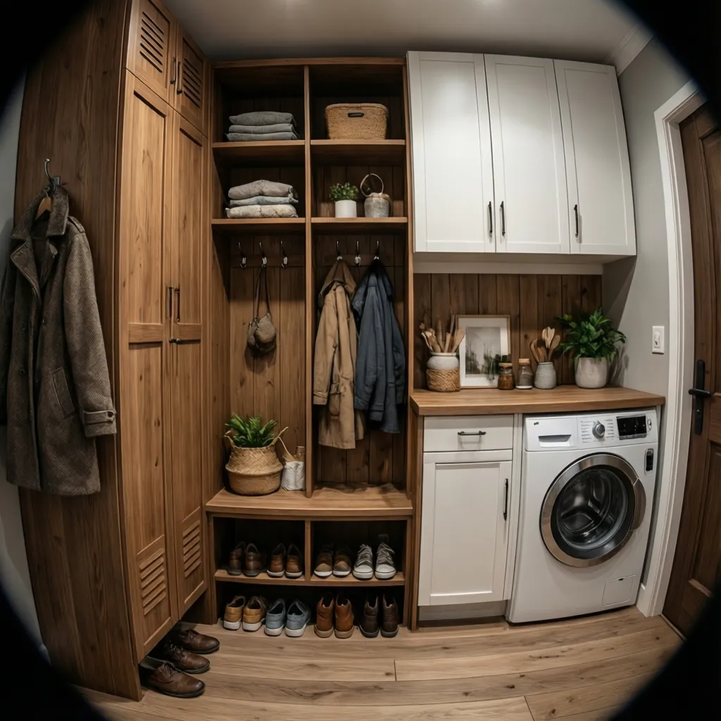 Tall mudroom lockers with vertical compartments in small laundry room