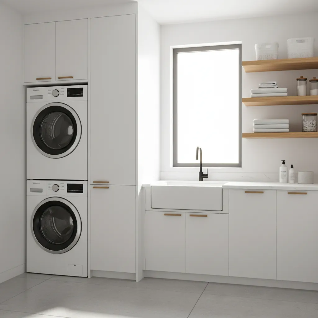 Tall ceiling-height narrow laundry cabinet beside washer dryer setup