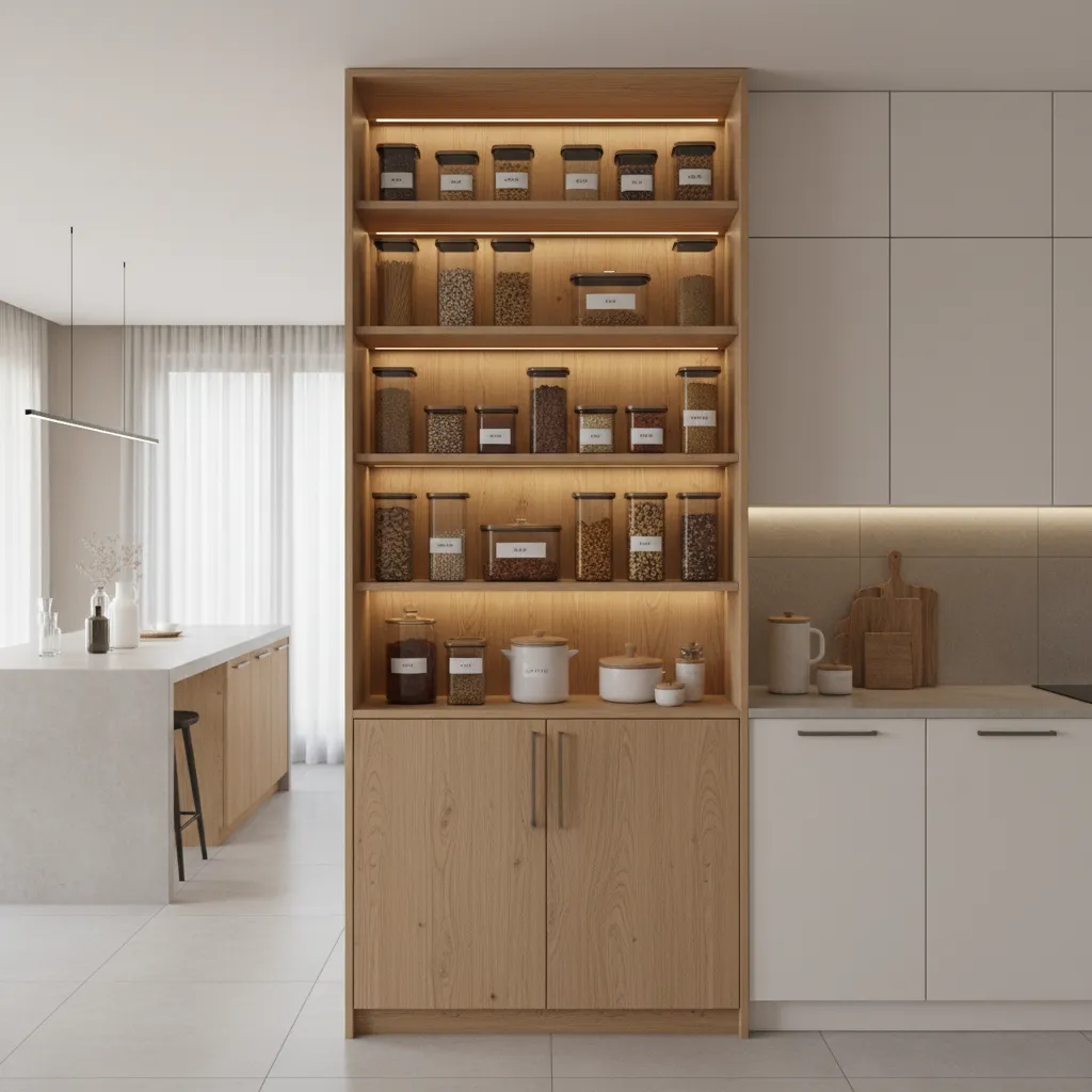 Tall pantry cabinet extending to ceiling in a small kitchen