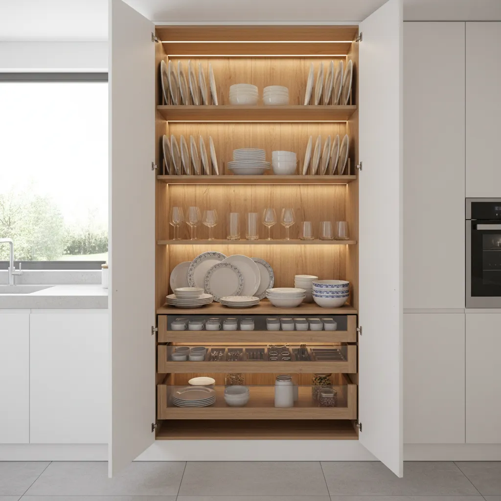 Tall pantry style crockery cabinet organizing dishes vertically