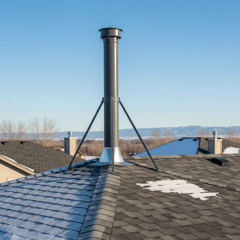 Tall plumbing vent stack installed on roof with proper bracing in windy area