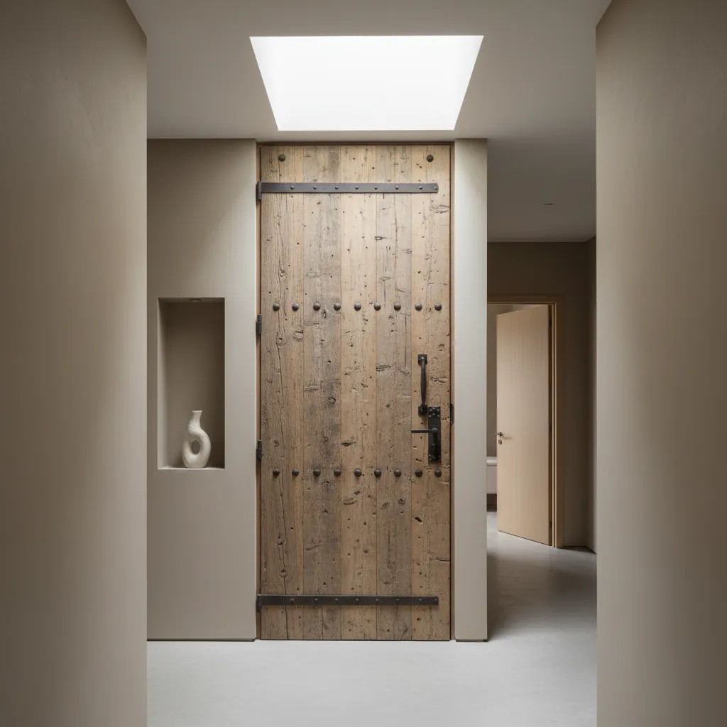 Puerta rústica alta en pasillo moderno