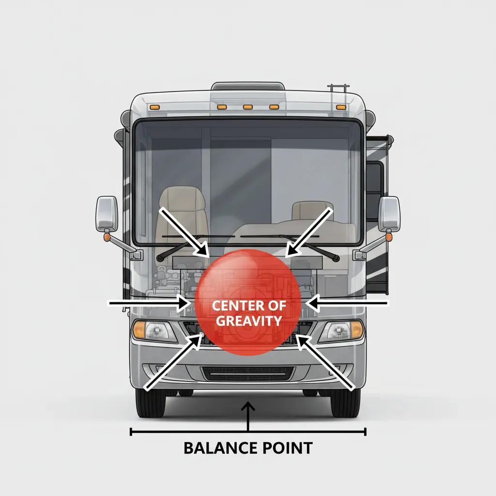 Diagram style illustration showing high center of gravity in tall RV