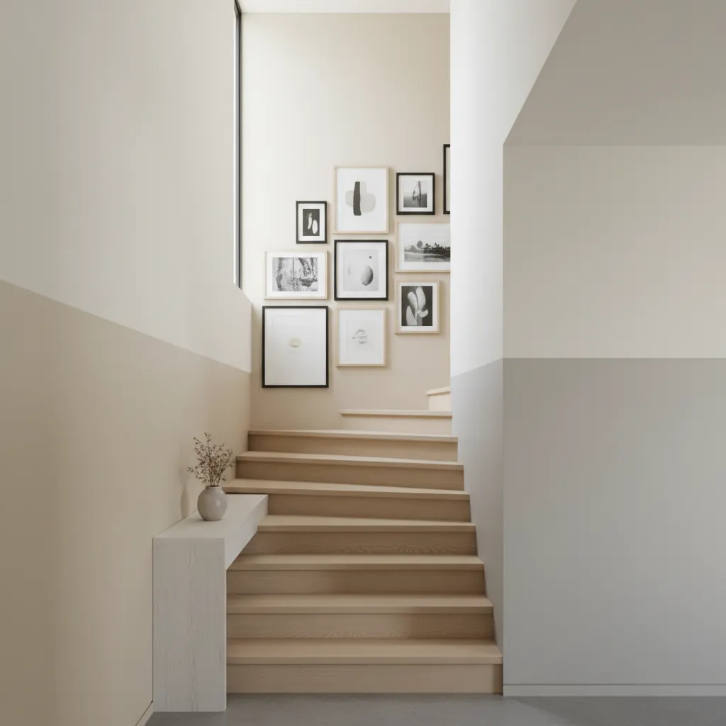tall narrow staircase wall with vertical gallery band of photos