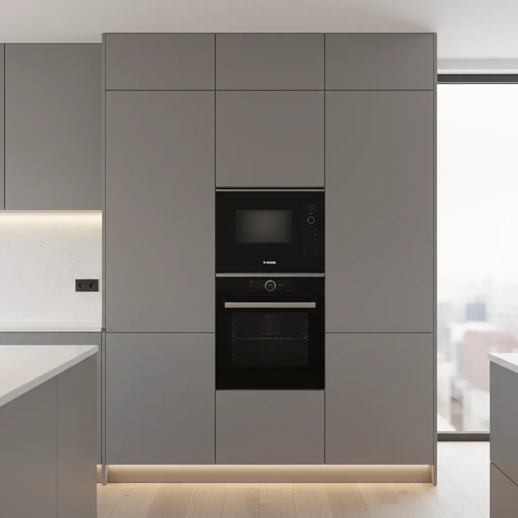 Modern kitchen tall unit with stacked oven and microwave appliances