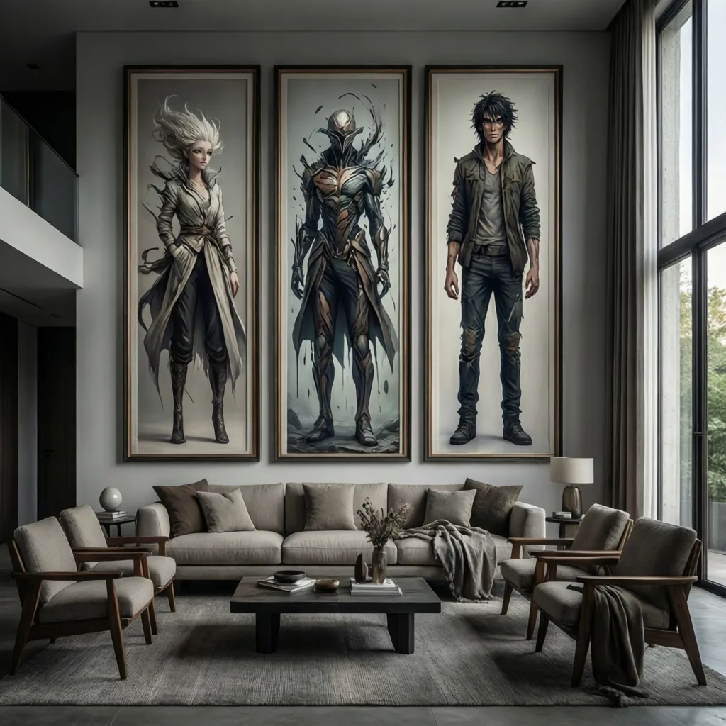 Tall vertical wall art pieces arranged along a large living room wall