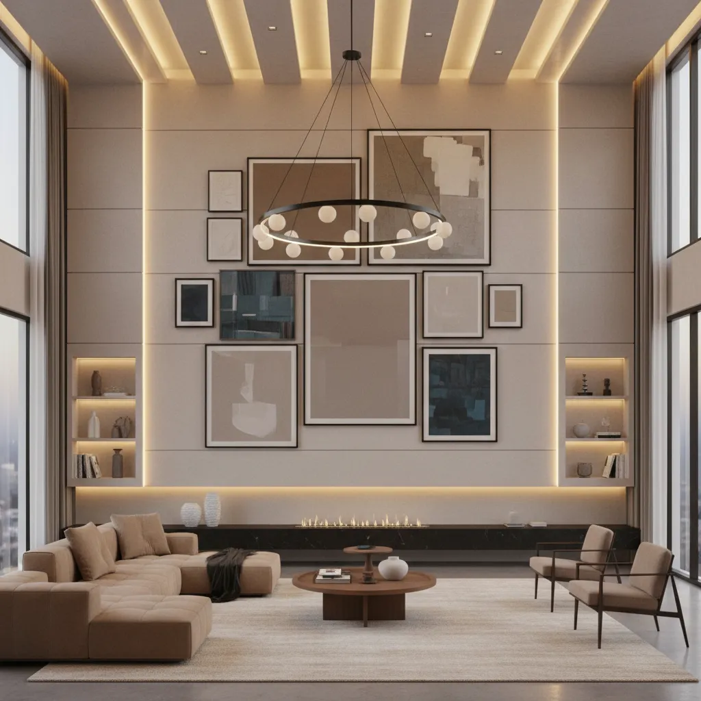 Living room example showing lower middle and upper zones of a double height wall