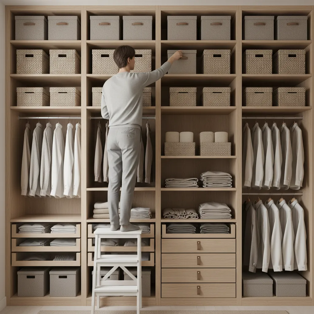 person using small step ladder to reach upper shelves of tall wardrobe