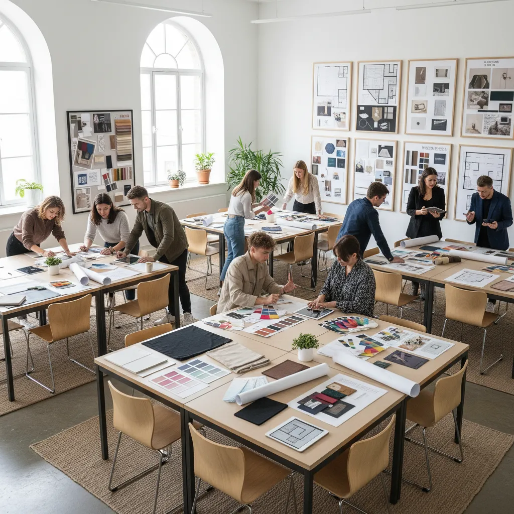 Group of designers working in studio with floor plans and color samples on large tables