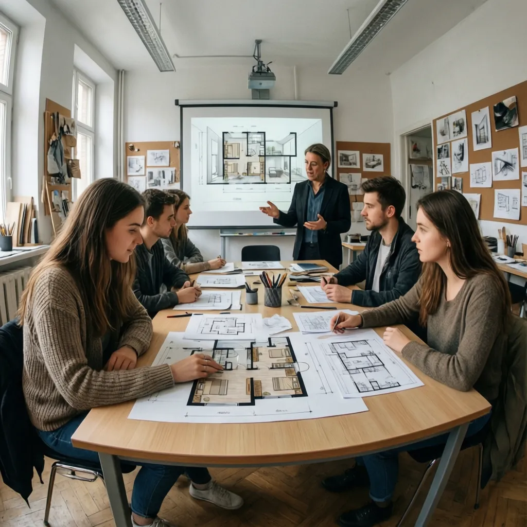 Taller de diseño de interiores con estudiantes revisando planos