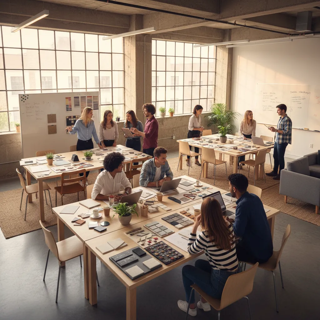 Taller práctico de diseño de interiores con estudiantes analizando muestras de materiales