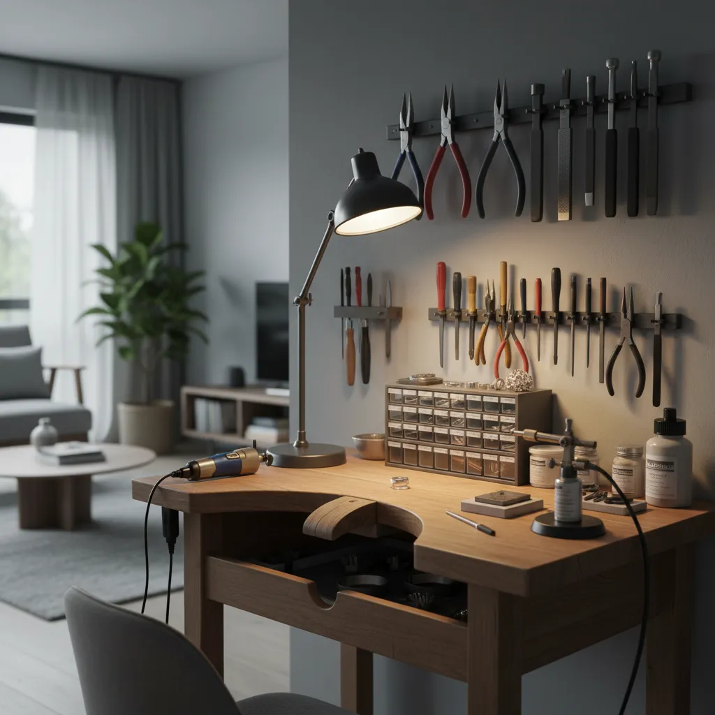 Pequeño estudio de joyería organizado dentro de una casa