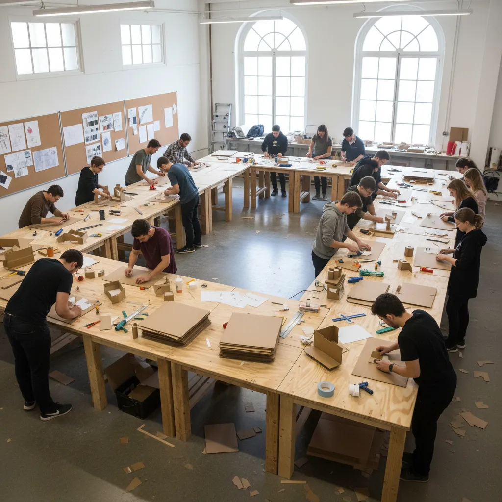 Taller de estudiantes trabajando en maquetas de cartón para diseño interior