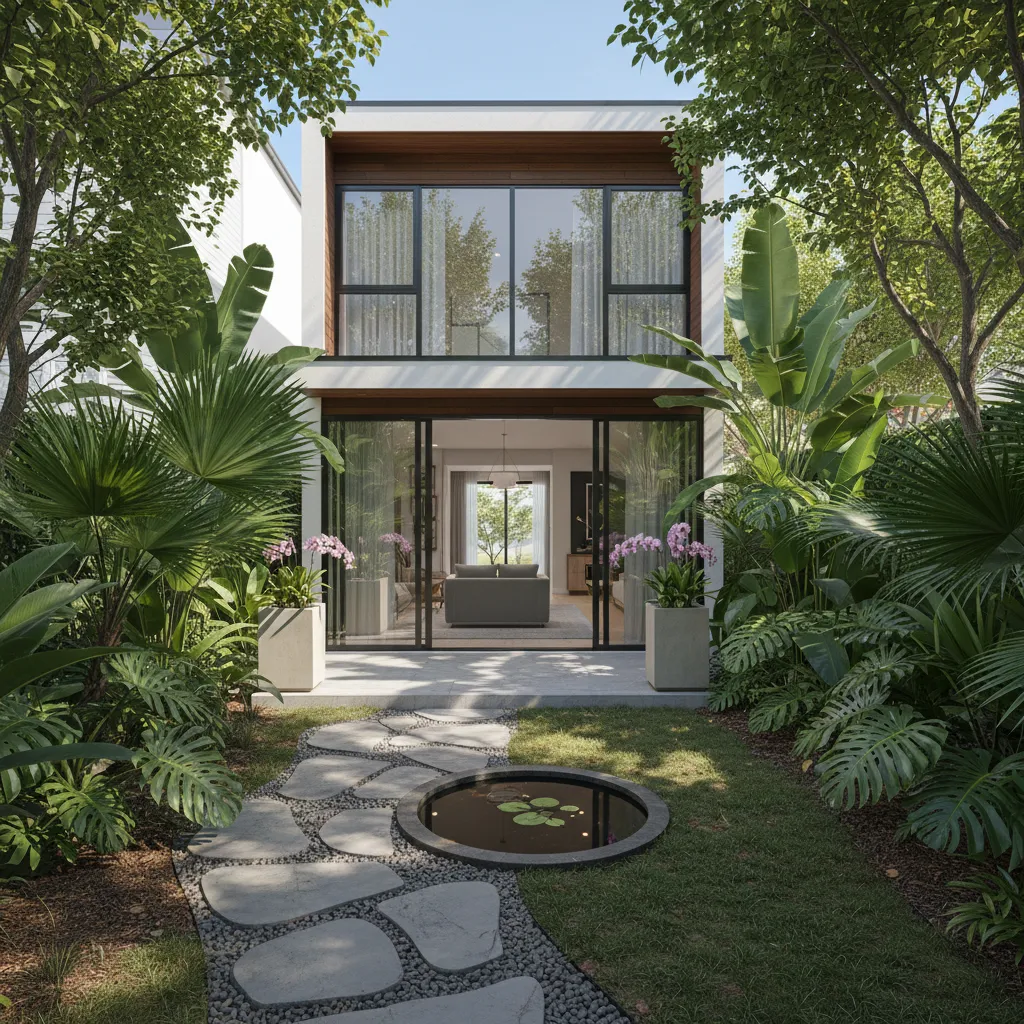 Taman kecil di belakang rumah memanjang