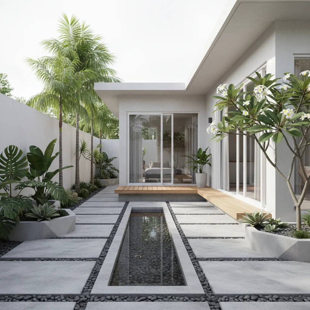 Modern backyard with a rectangular water feature stone pavers tropical green plants and palm trees