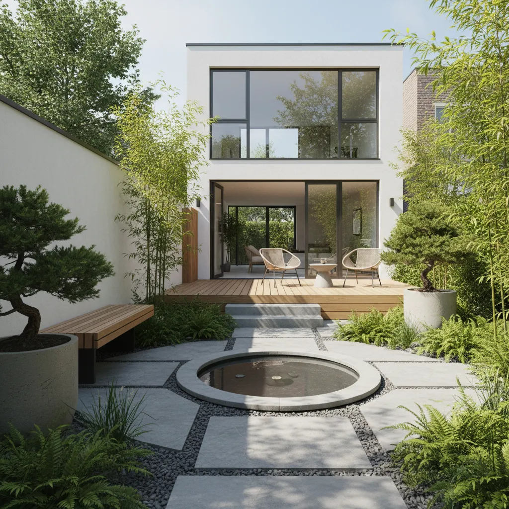 Modern white house backyard with wooden deck two chairs small round pond and green bamboo