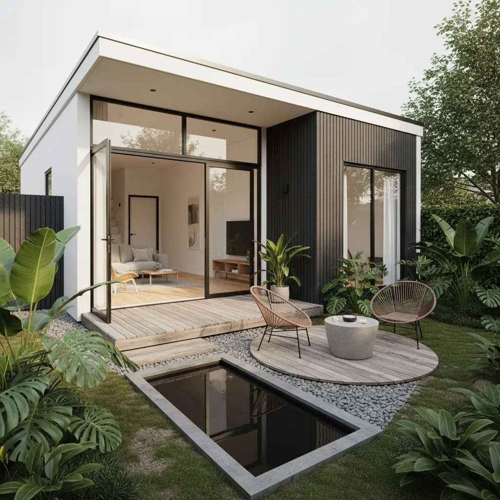 Modern small house with wooden deck two chairs small pond and lush green garden plants