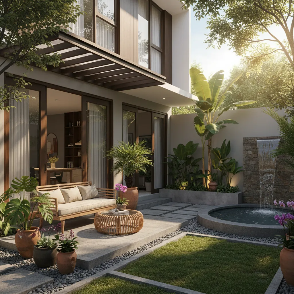 Small backyard patio with wooden sofa coffee table water feature green grass and lush plants