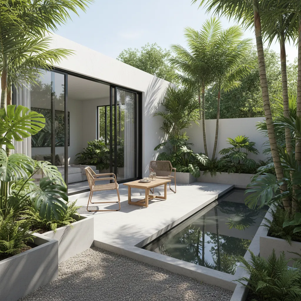 Modern backyard garden with narrow pool palm trees wooden chairs coffee table and glass doors