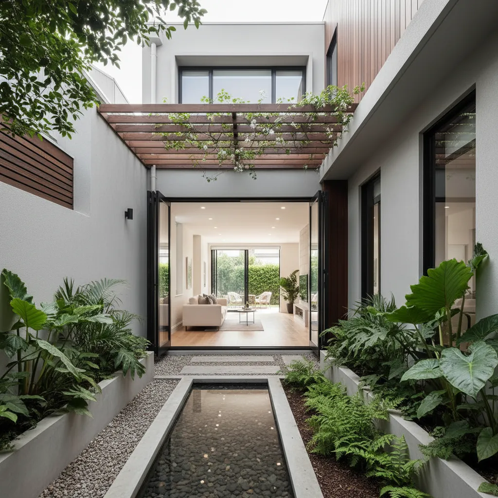 Taman kecil di belakang rumah sempit untuk ventilasi dan cahaya