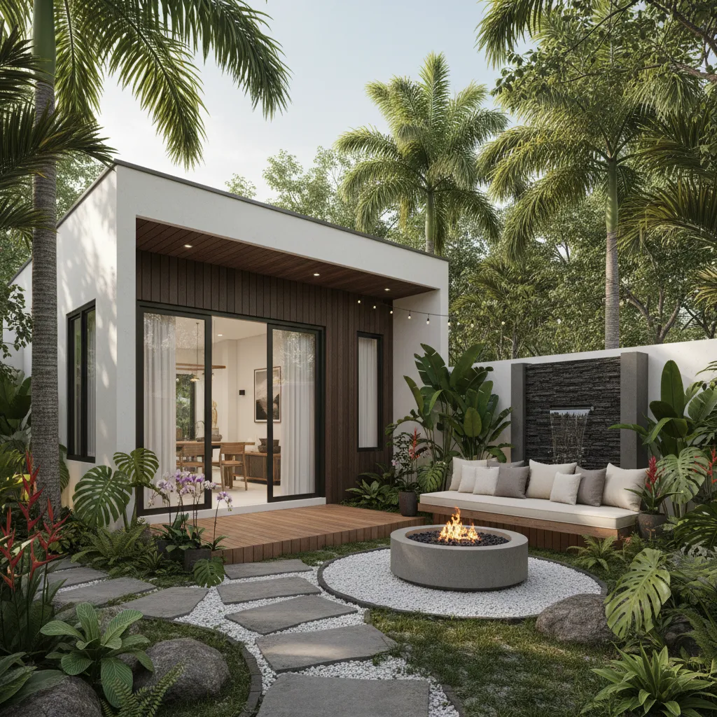 Modern backyard with fire pit, sofa, stone path, tropical palm trees, and green garden plants