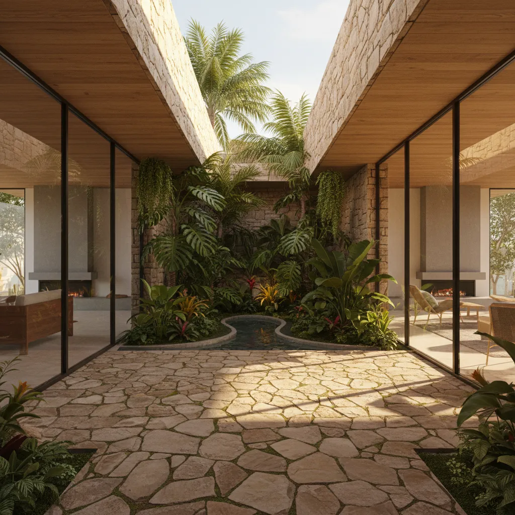 Tropical outdoor courtyard with stone floor green plants small pool and large glass windows around