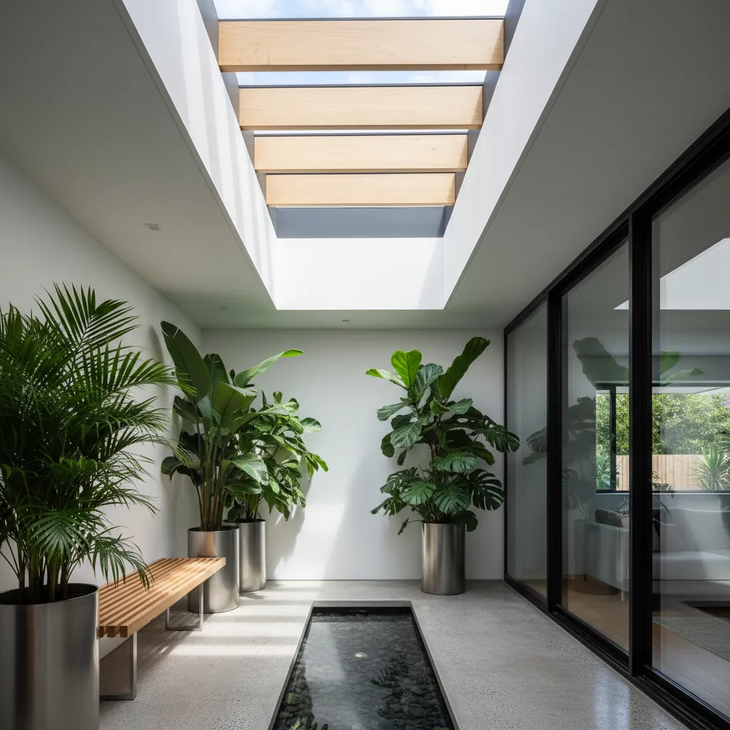 Taman kecil di tengah rumah memanjang