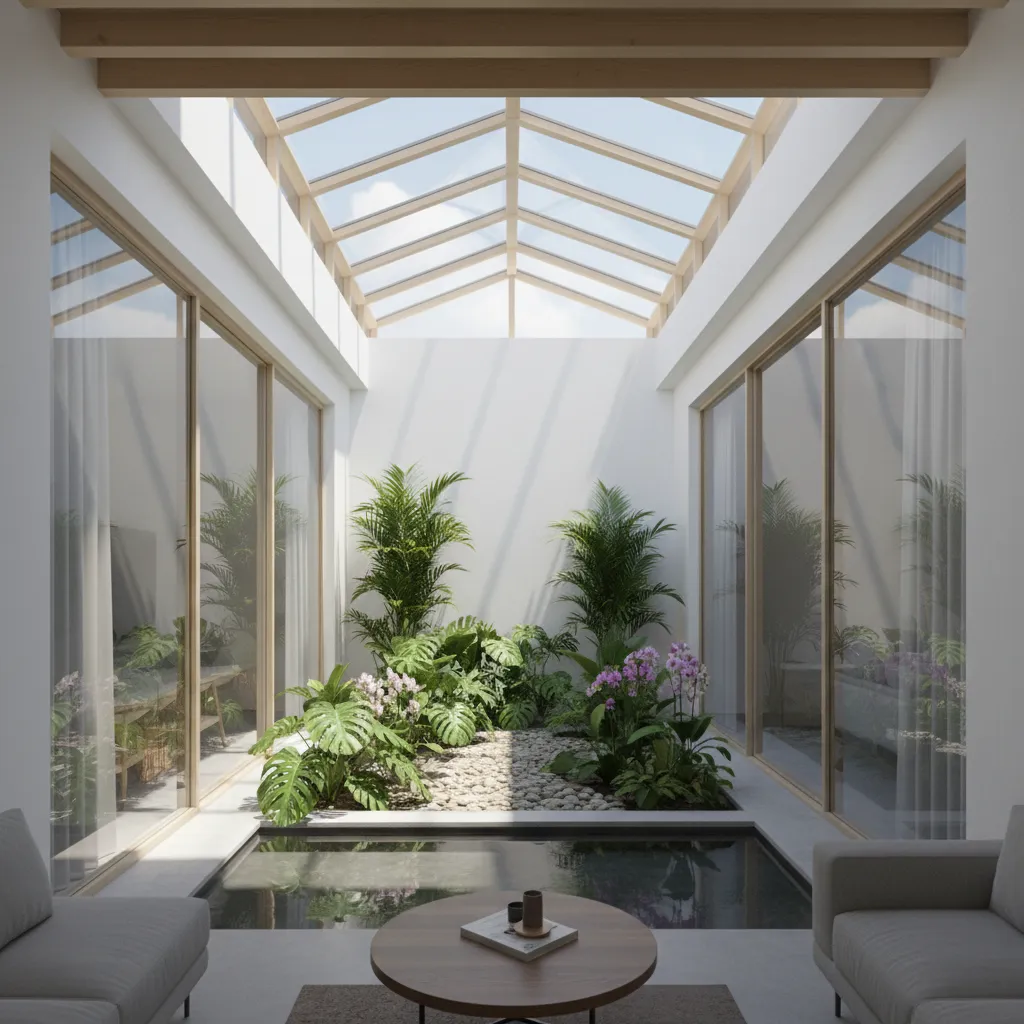 Minimalist indoor garden with green plants small pond glass roof and natural sunlight inside house