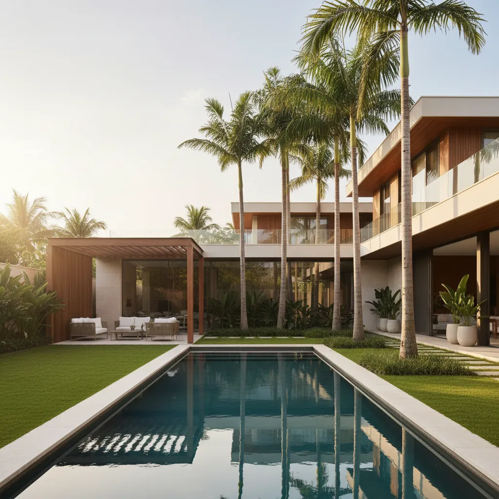 Taman belakang rumah mewah dengan kolam renang minimalis