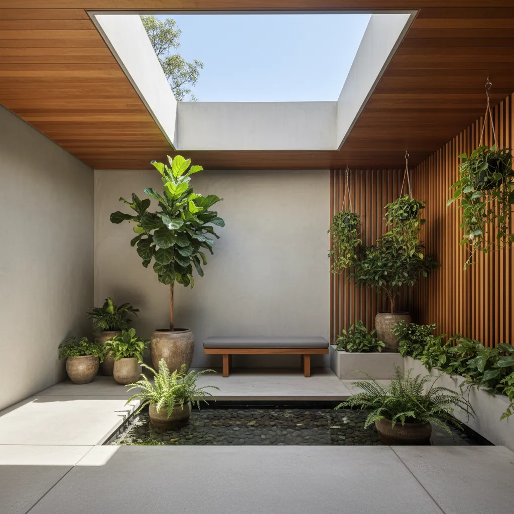 Taman kecil di tengah rumah untuk pencahayaan alami