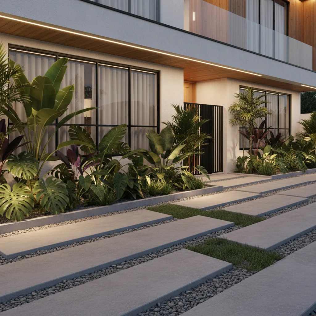 Taman kecil rapi di depan rumah modern