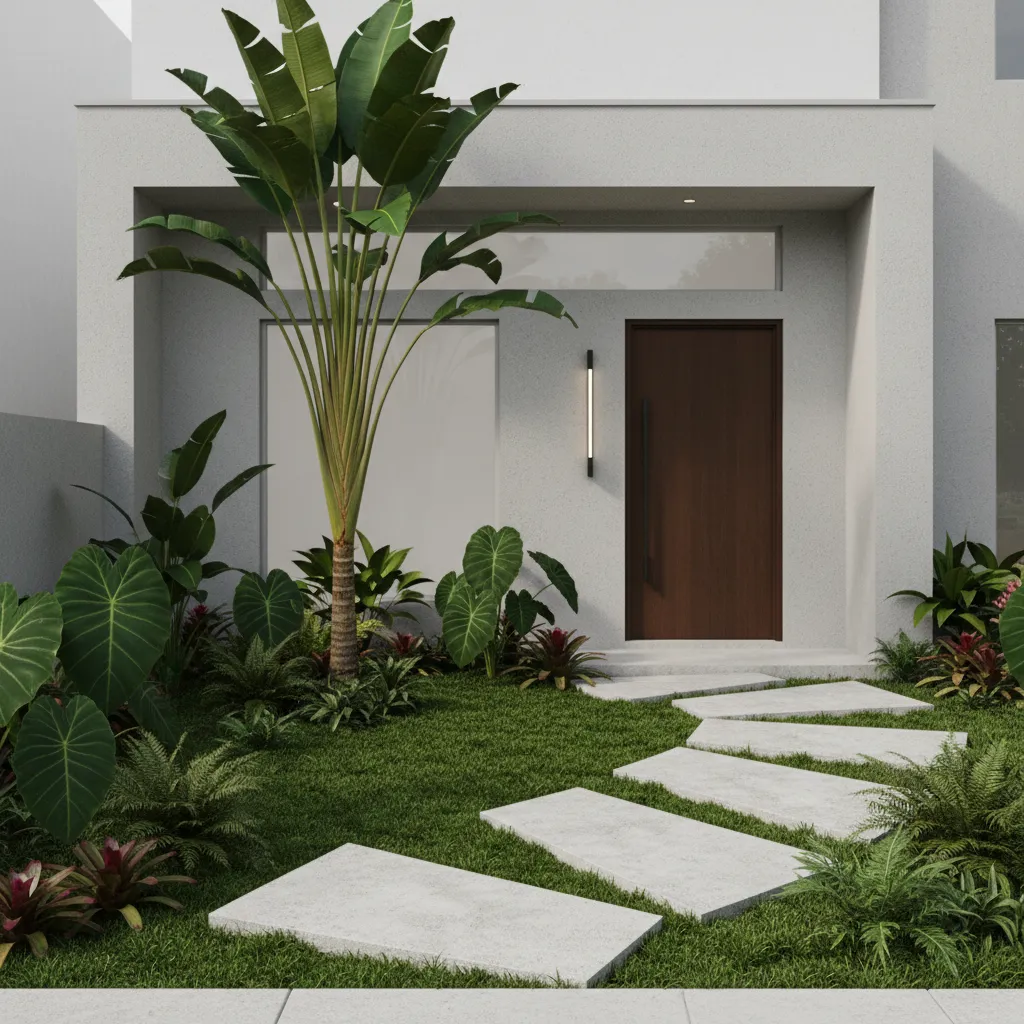 Taman kecil dengan rumput dan satu pohon fokus