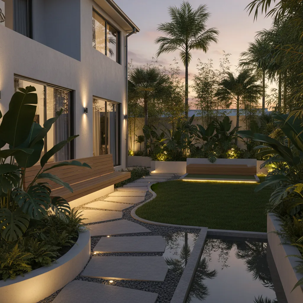Modern backyard garden at night with stone path wooden bench lights and a small pond