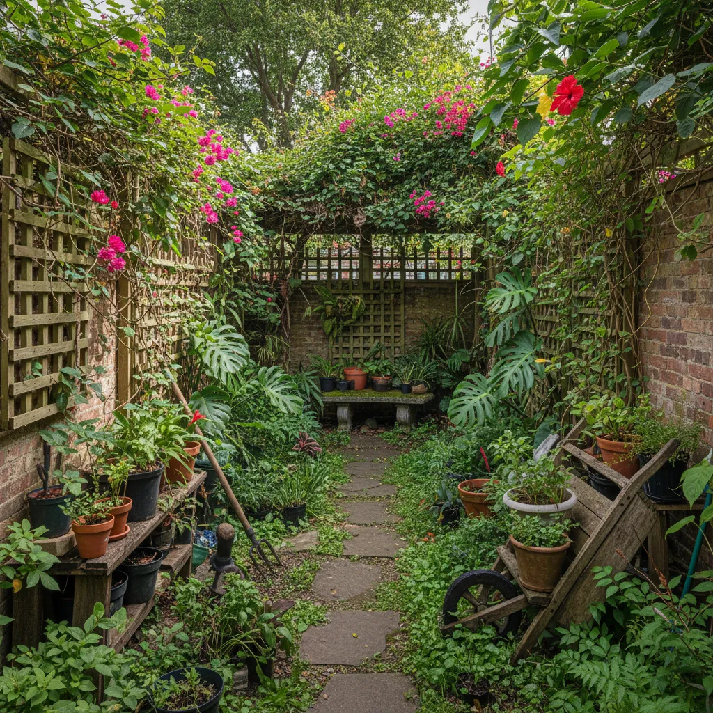 Small narrow garden filled with green plants flower pots wooden garden fence and stone path