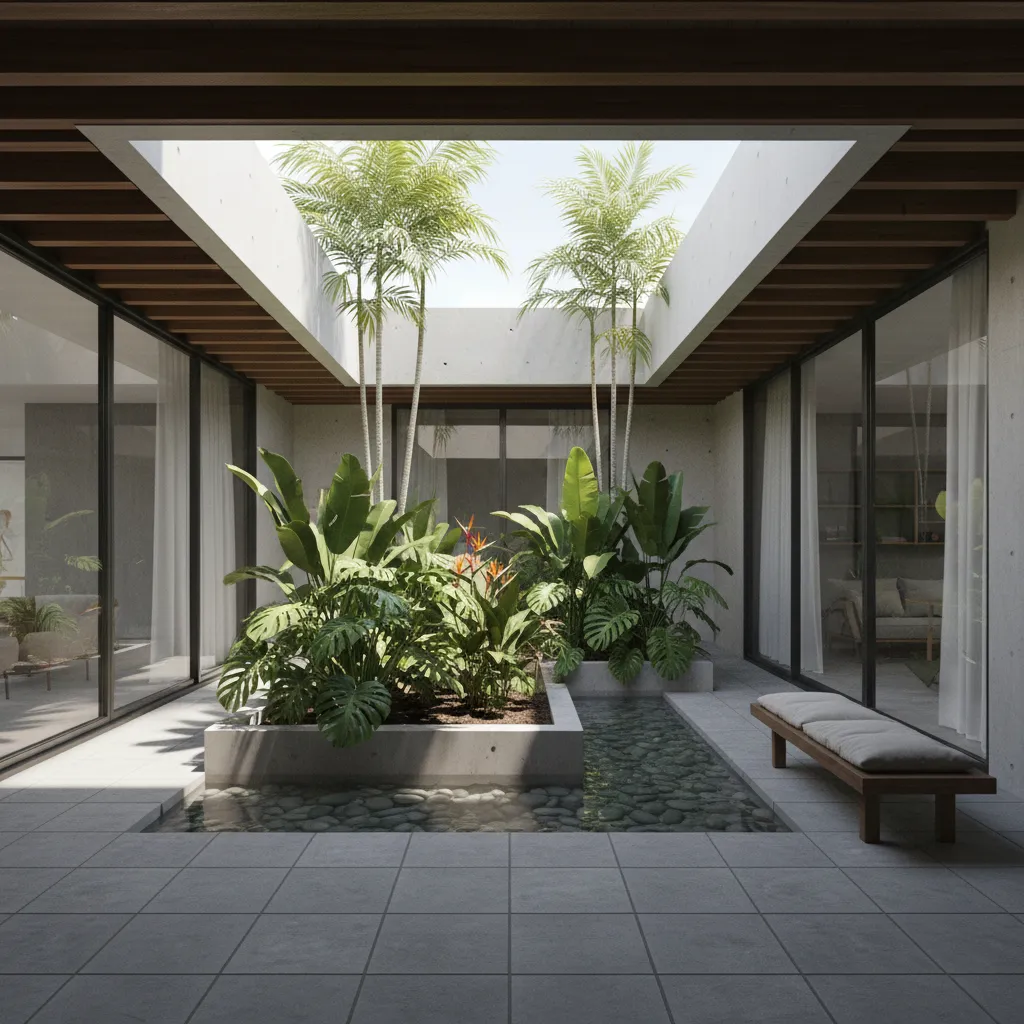 Taman tengah rumah dengan cahaya alami