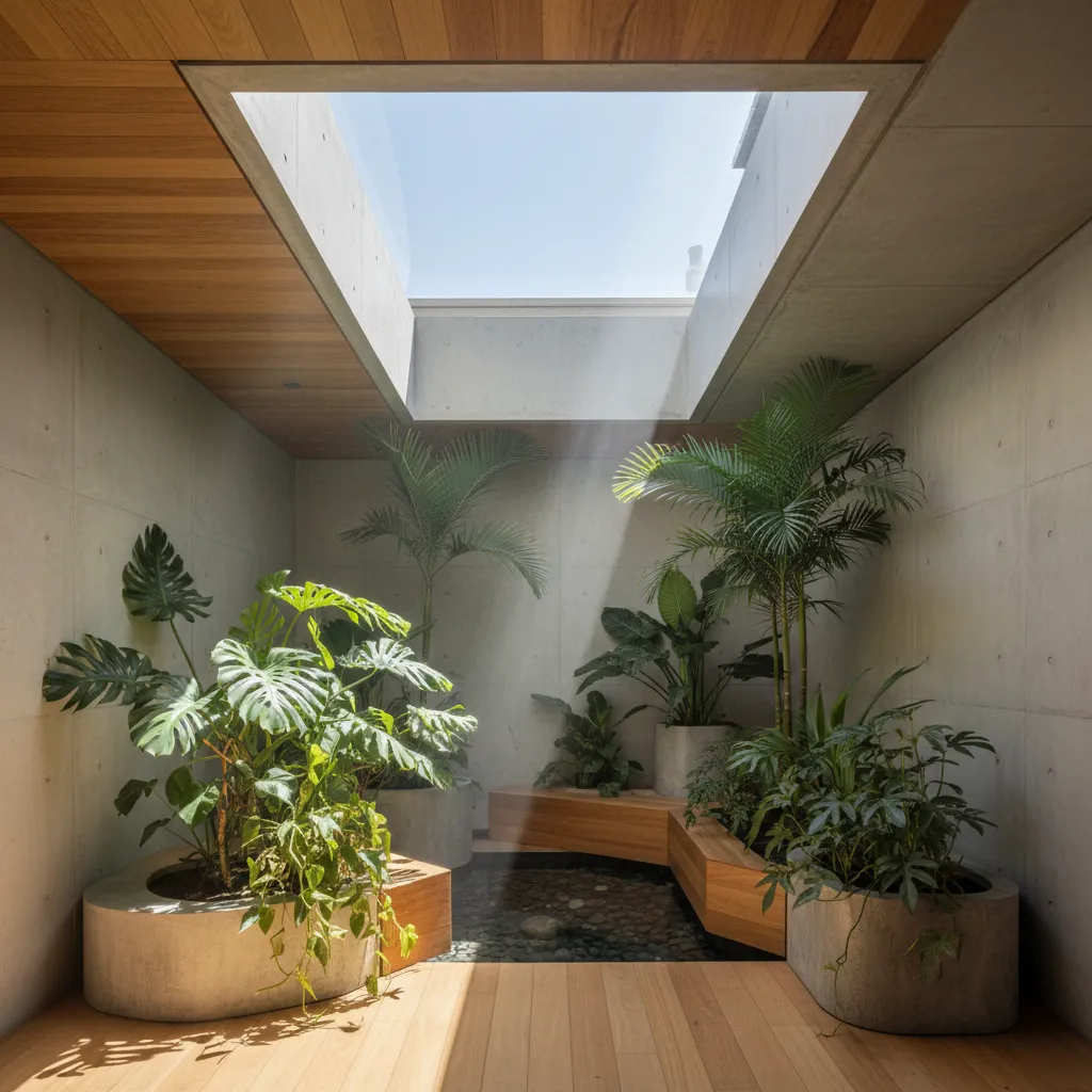 Indoor garden with green plants concrete pots wooden benches and large roof window with sunlight