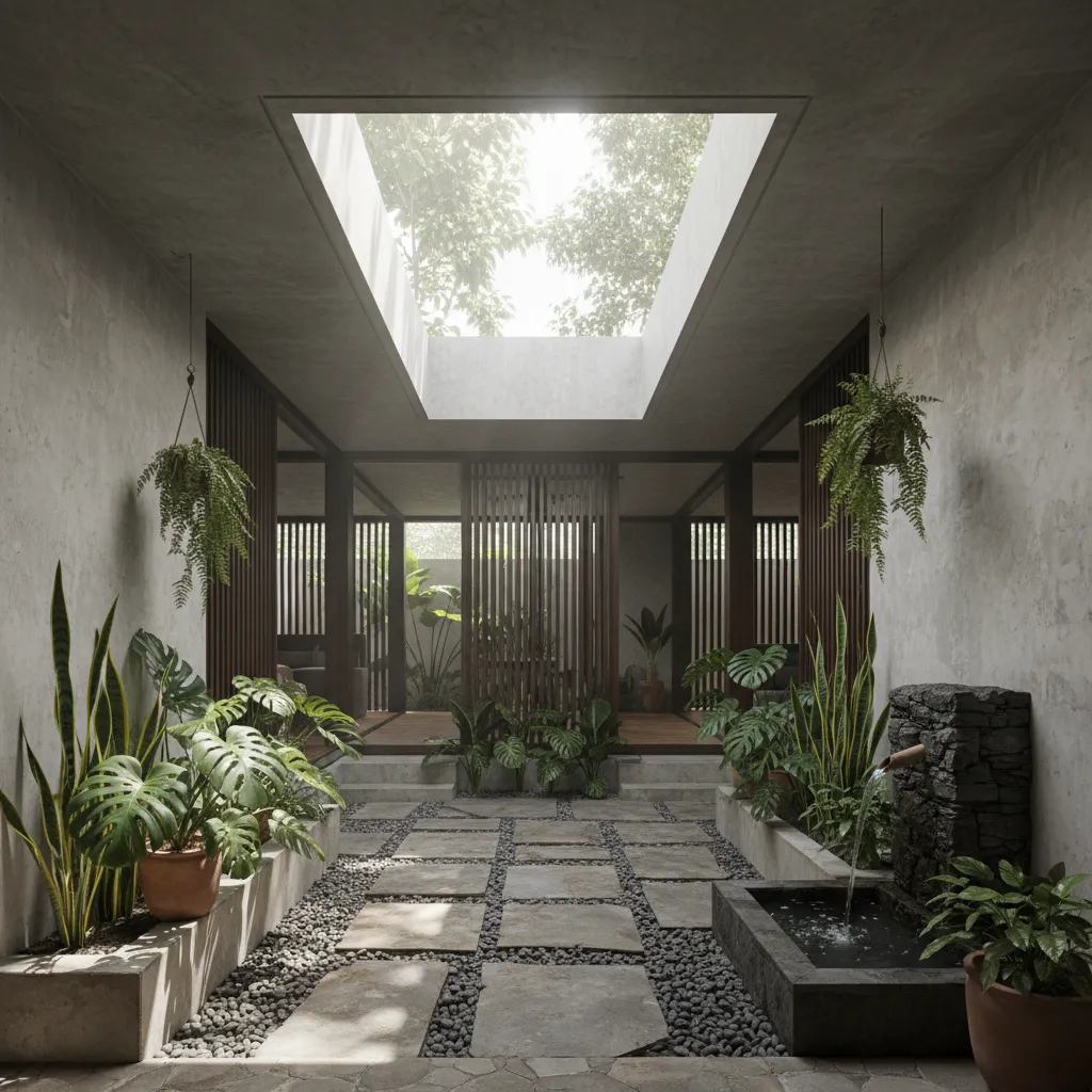 Indoor garden courtyard with stone floor tiles, green potted plants, water fountain, and open skylight