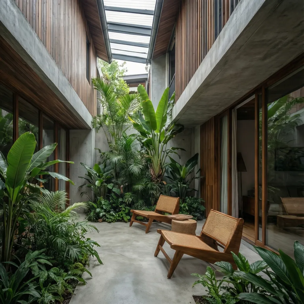 Taman kecil di tengah rumah memanjang