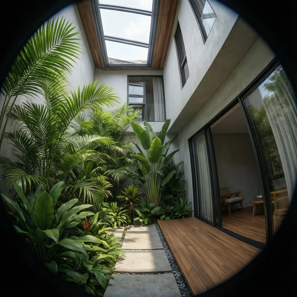 Taman kecil di tengah rumah memanjang