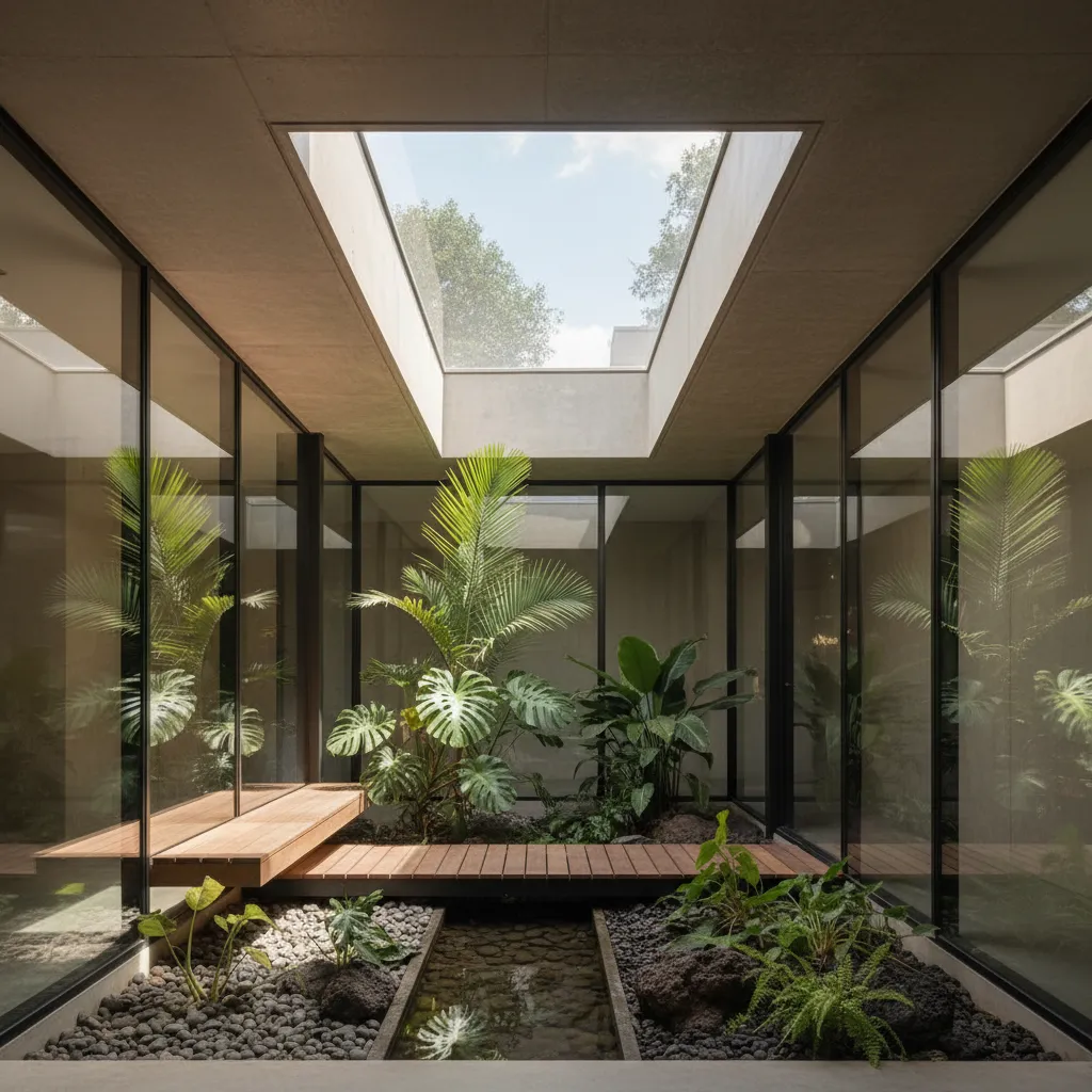 Taman kecil di tengah rumah memanjang untuk pencahayaan alami