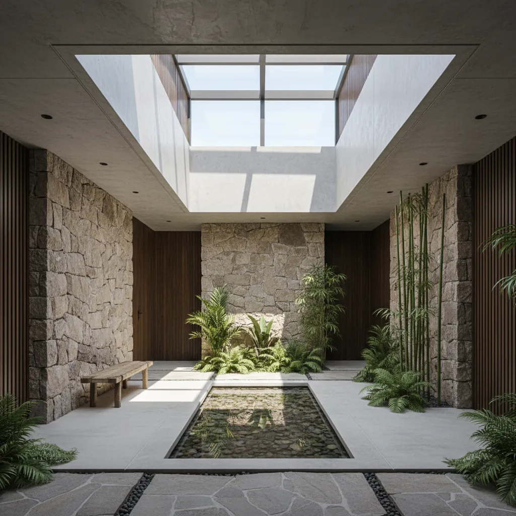 Modern indoor garden with stone walls glass roof window water pool plants and wooden bench