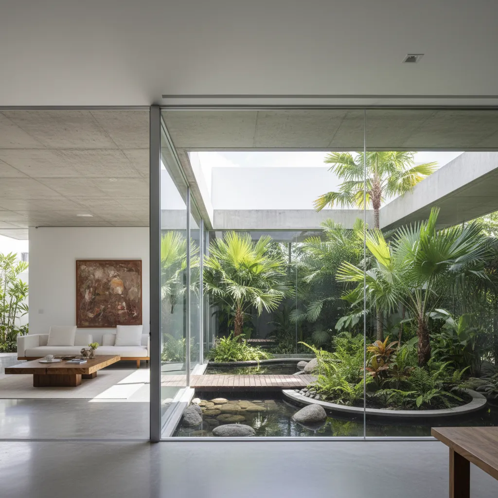 Taman tengah rumah modern yang memberi pencahayaan alami