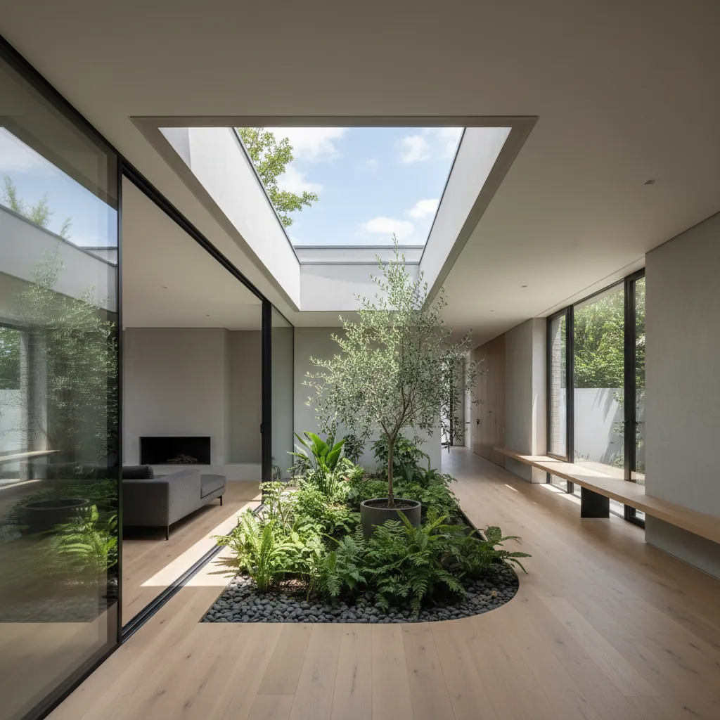 Taman kecil di tengah rumah modern