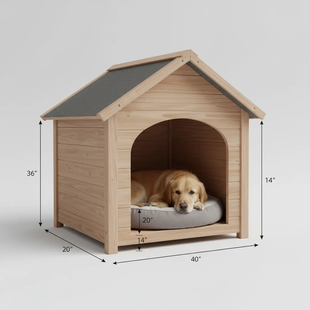 Wooden dog house showing dimensions with measurement lines and numbers for height width and length