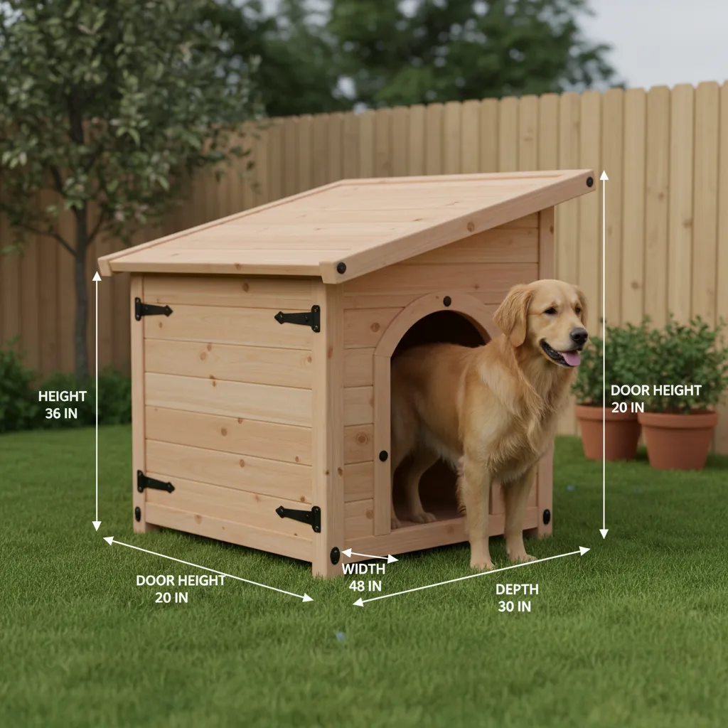 Wooden dog house on grass with golden retriever and white lines showing the product dimensions