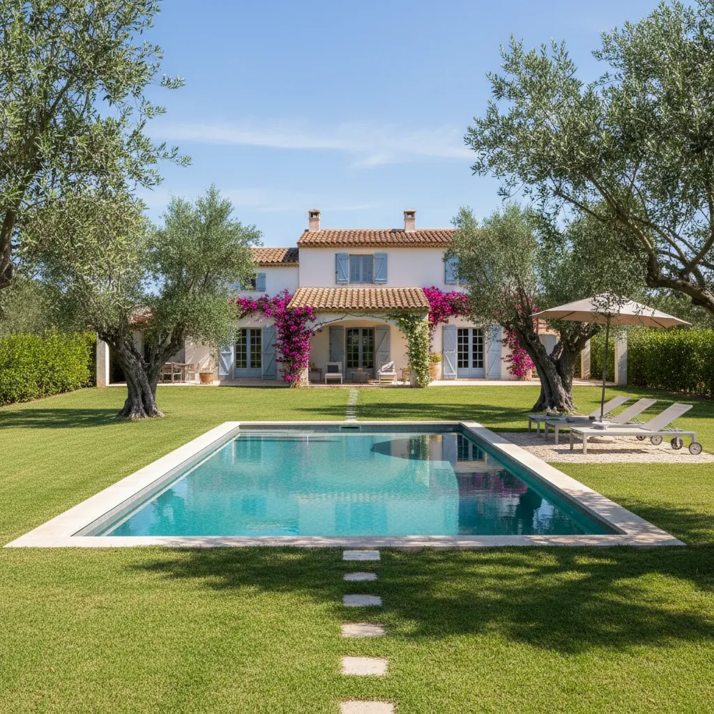 Swimming pool on green lawn with white house, pink flowers, olive trees, and lounge chairs