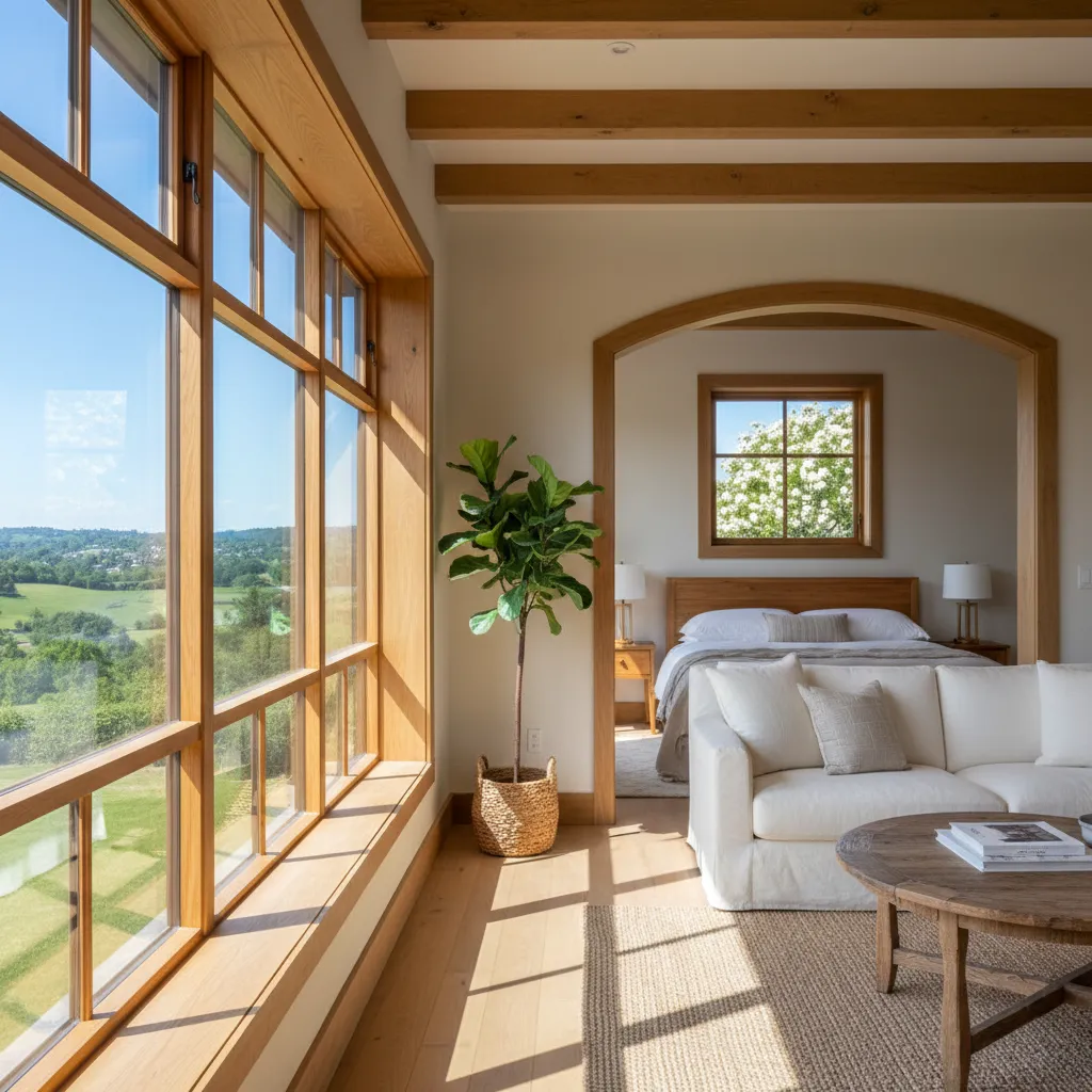 Ventanas de madera en salón y dormitorio