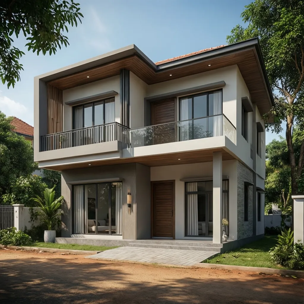 Modern Tamil Nadu family house exterior with two floors