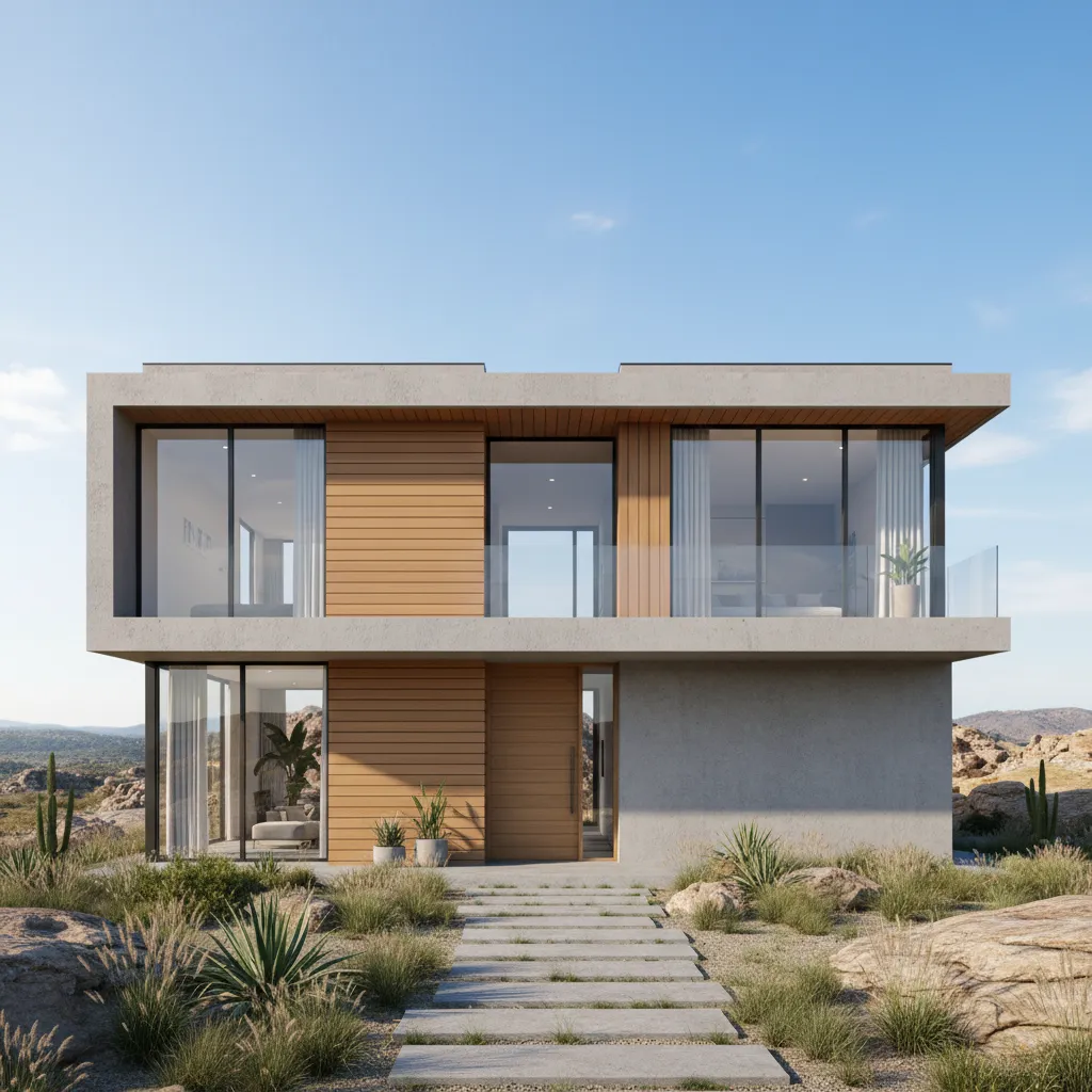Modern concrete and wood house with large windows and a stone path in desert garden